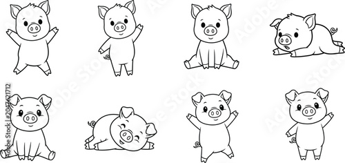 Cute piglets poses coloring page
