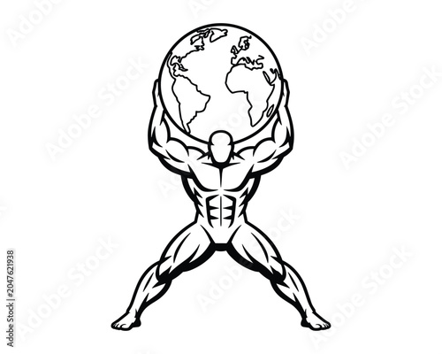 Muscular man holding up the world globe in a powerful stance