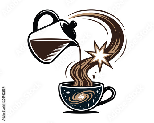 Pouring coffee from a pot into a starry cup with a swirling stream and star