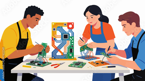 Young couple working and painting together at a desk in office cartoon illustration with people and family theme