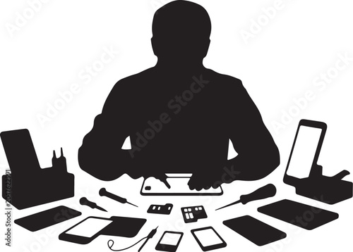 Black silhouette of man repairing smartphone surrounded tools