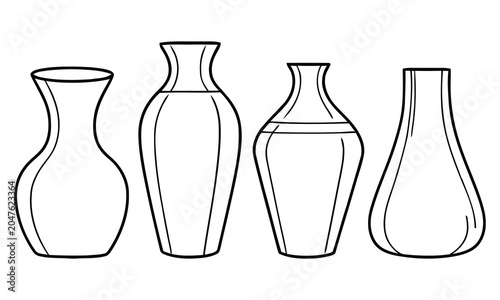 Set of four modern minimalist outline ceramic vases and pottery isolated on white background.