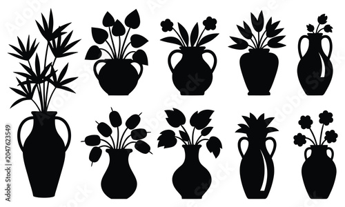 Set of black silhouettes of houseplants in ceramic vases and amphorae isolated on a white background.