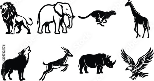Billede på lærred Wild animals vector silhouettes set featuring roaring lion elephant running chee