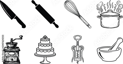 Foto Kitchen utensils and baking icons set vector illustration featuring knife rollin