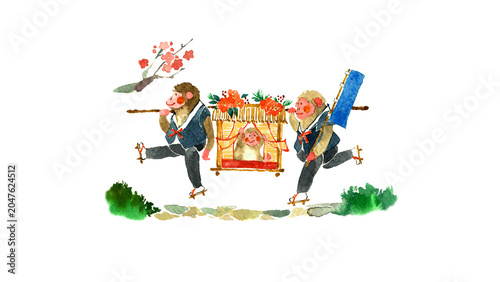 Fényképezés 籠を担いで走るサルの可愛い和風正月手描き水彩イラスト素材
Cute horizontal Japanese style watercolor illustrat