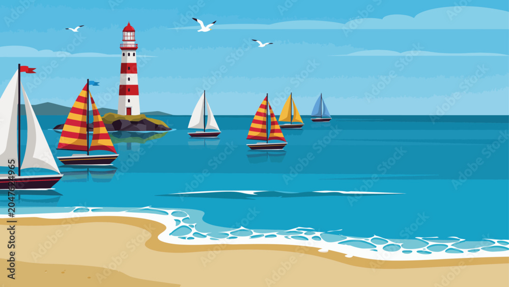 Naklejka premium Sailing boats and lighthouse on ocean coast vector background landscape