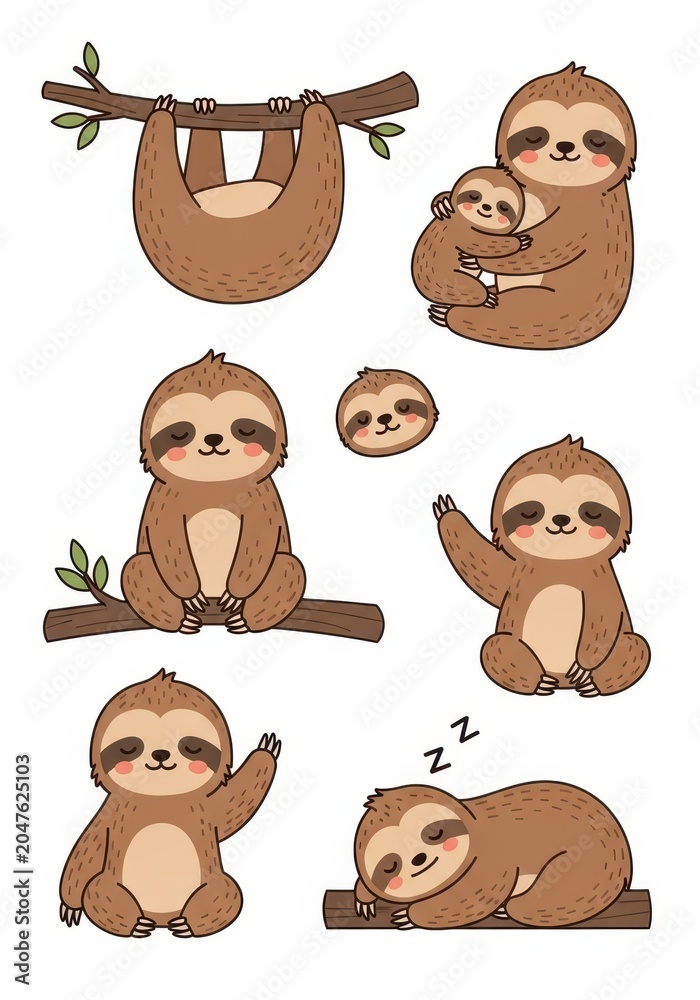 Fototapeta premium Cute Sloth Vector Illustration Set with Various Poses Including Sleeping, Hanging, and Hugging for Kids Design