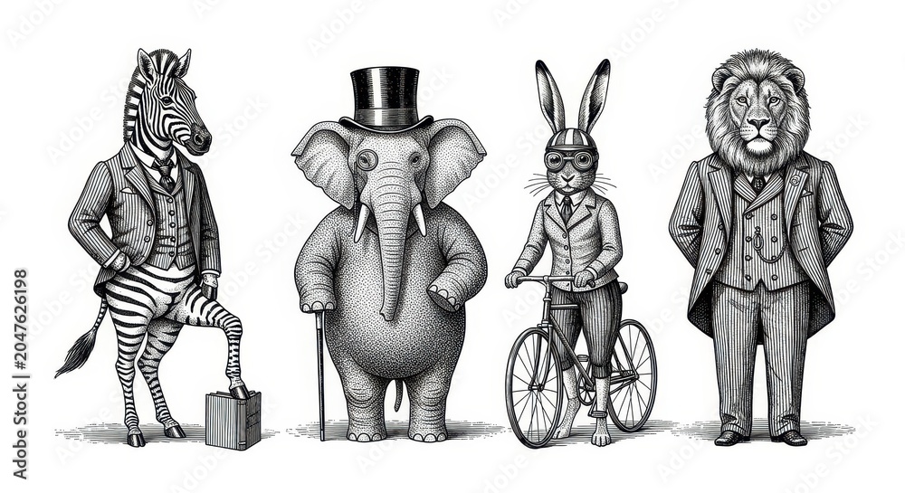 Obraz premium Vintage Style Anthropomorphic Animals Illustration Featuring Zebra Elephant Rabbit and Lion in Victorian Suits