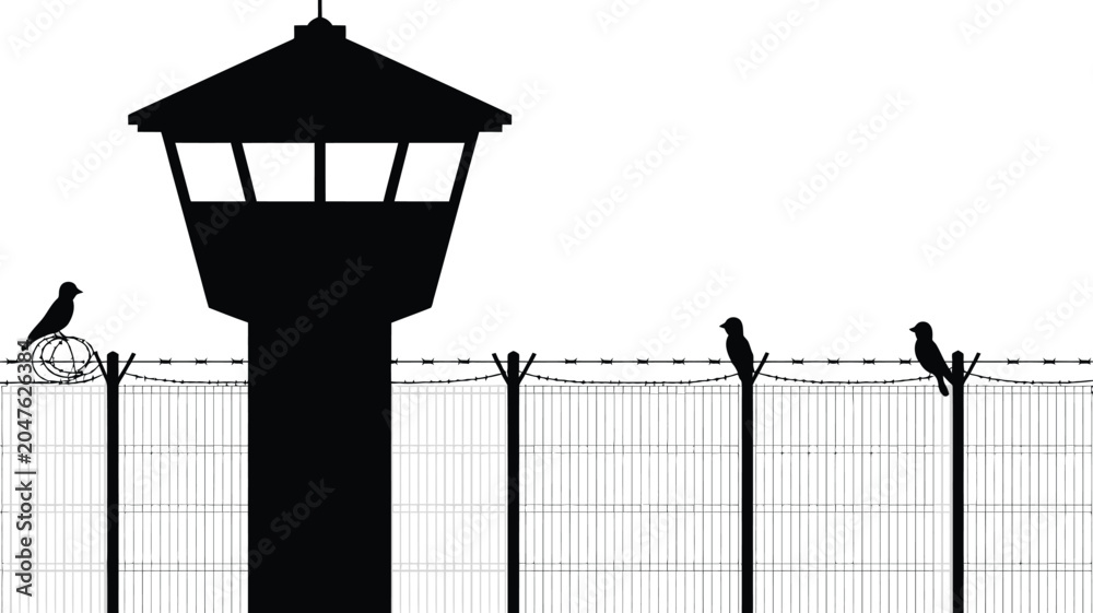 Obraz premium Black Silhouette Of Birds On Barbed Wire Fence With Watchtower For Prison Or Security Concepts