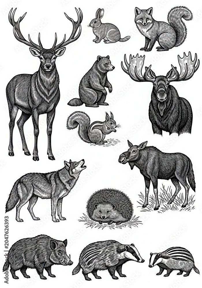 Fototapeta premium Vintage Engraving Style Forest Animals Collection with Deer Wolf Bear Fox Moose and Hedgehog Illustrations