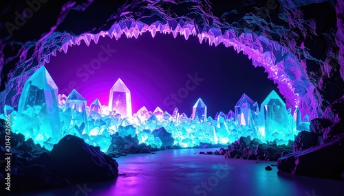 Ice cave with colorful glowing icicles.