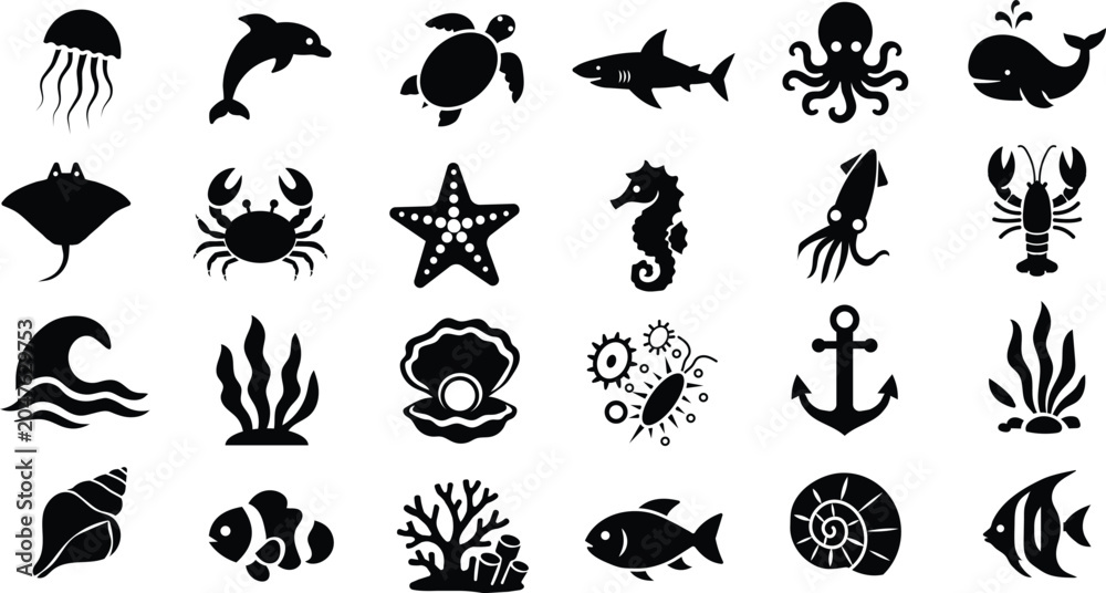 Obraz premium Premium marine life icon collection featuring ocean animals, aquatic species, coral, shells, and underwater elements in clean vector silhouette style design.