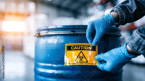 Plakat Worker wearing protective gloves applying a hazardous waste warning label with a biohazard symbol onto a blue industrial chemical drum