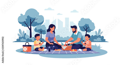 Flat style vector illustration of family having picnic in park with blanket and food basket, outdoor bonding and healthy lifestyle concept