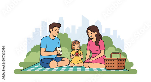 Flat style vector illustration of family having picnic in park with blanket and food basket, outdoor bonding and healthy lifestyle concept