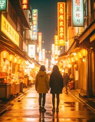 portrait of teenage friends standing under neon signs in a city alley 