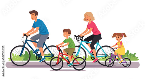 Flat style vector illustration of parents and kids riding bicycles together in park, active lifestyle and outdoor family bonding concept