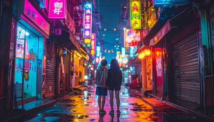 portrait of teenage friends standing under neon signs in a city alley 