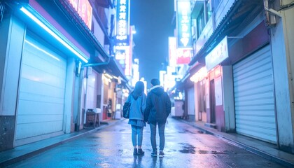 portrait of teenage friends standing under neon signs in a city alley 