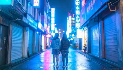 portrait of teenage friends standing under neon signs in a city alley 