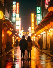 portrait of teenage friends standing under neon signs in a city alley 