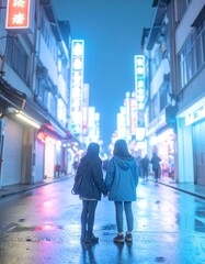 portrait of teenage friends standing under neon signs in a city alley 