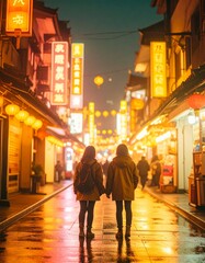 portrait of teenage friends standing under neon signs in a city alley 