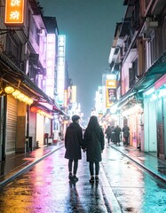 portrait of teenage friends standing under neon signs in a city alley 