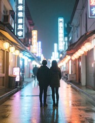 portrait of teenage friends standing under neon signs in a city alley 
