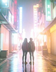 portrait of teenage friends standing under neon signs in a city alley 