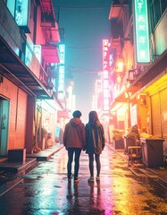 portrait of teenage friends standing under neon signs in a city alley 