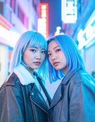 portrait of teenage friends standing under neon signs in a city alley 