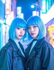 portrait of teenage friends standing under neon signs in a city alley 