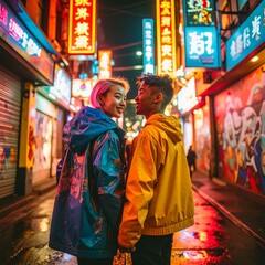 portrait of teenage friends standing under neon signs in a city alley 