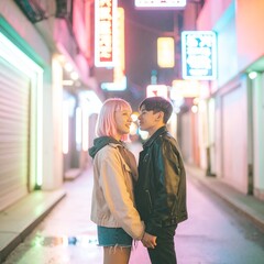 portrait of teenage friends standing under neon signs in a city alley 