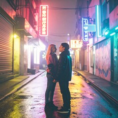 portrait of teenage friends standing under neon signs in a city alley 