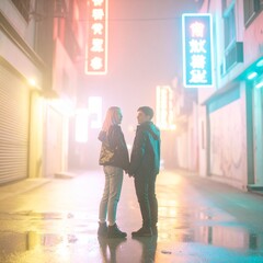 portrait of teenage friends standing under neon signs in a city alley 