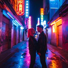portrait of teenage friends standing under neon signs in a city alley 