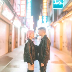 portrait of teenage friends standing under neon signs in a city alley 