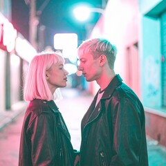 portrait of teenage friends standing under neon signs in a city alley 