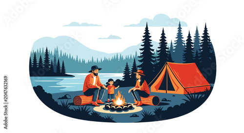 Flat style vector illustration of family camping outdoors with tent and campfire, adventure and bonding activity in nature setting