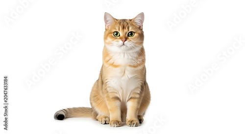 A beautiful golden British Shorthair cat with green eyes sitting calmly on a white background, looking directly at the viewer.