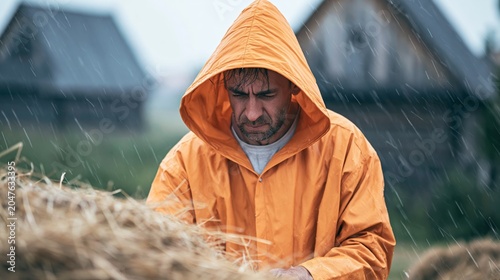 Farmer in orange raincoat collecting hay during rain on a rural farm, working hard in challenging weather