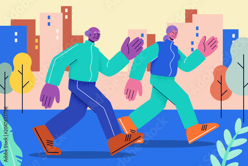 Active senior couple power walking together in the city park in corporate memphis style. Flat design vector illustration.