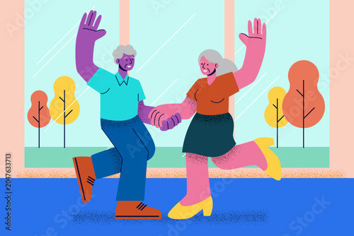 Energetic elderly couple dancing together happily indoors in corporate memphis style. Flat design vector illustration.