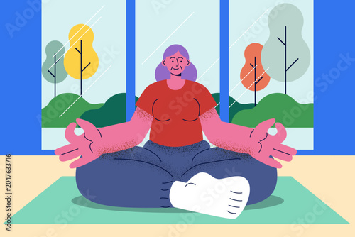 Elderly woman practicing yoga and meditation indoors for mental wellness in corporate memphis style. Flat design vector illustration.