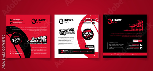 Set of social media post template in red white and black for hot dog campaign