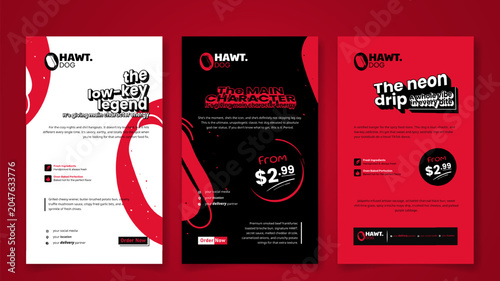 Social media post template in portrait red, black and white background for hot dog campaign