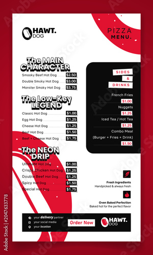 Food menu template in white and red design with price list for hot dog street food advertisement
